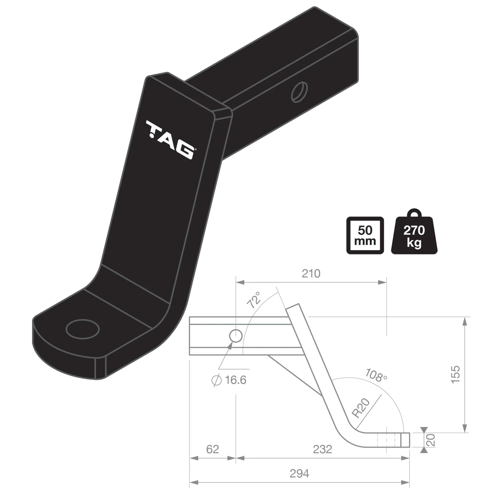 TAG Tow Ball Mount - 210mm Long, 108° Face, 50mm Square Hitch - Brixton 4x4 - Buy Online Now!