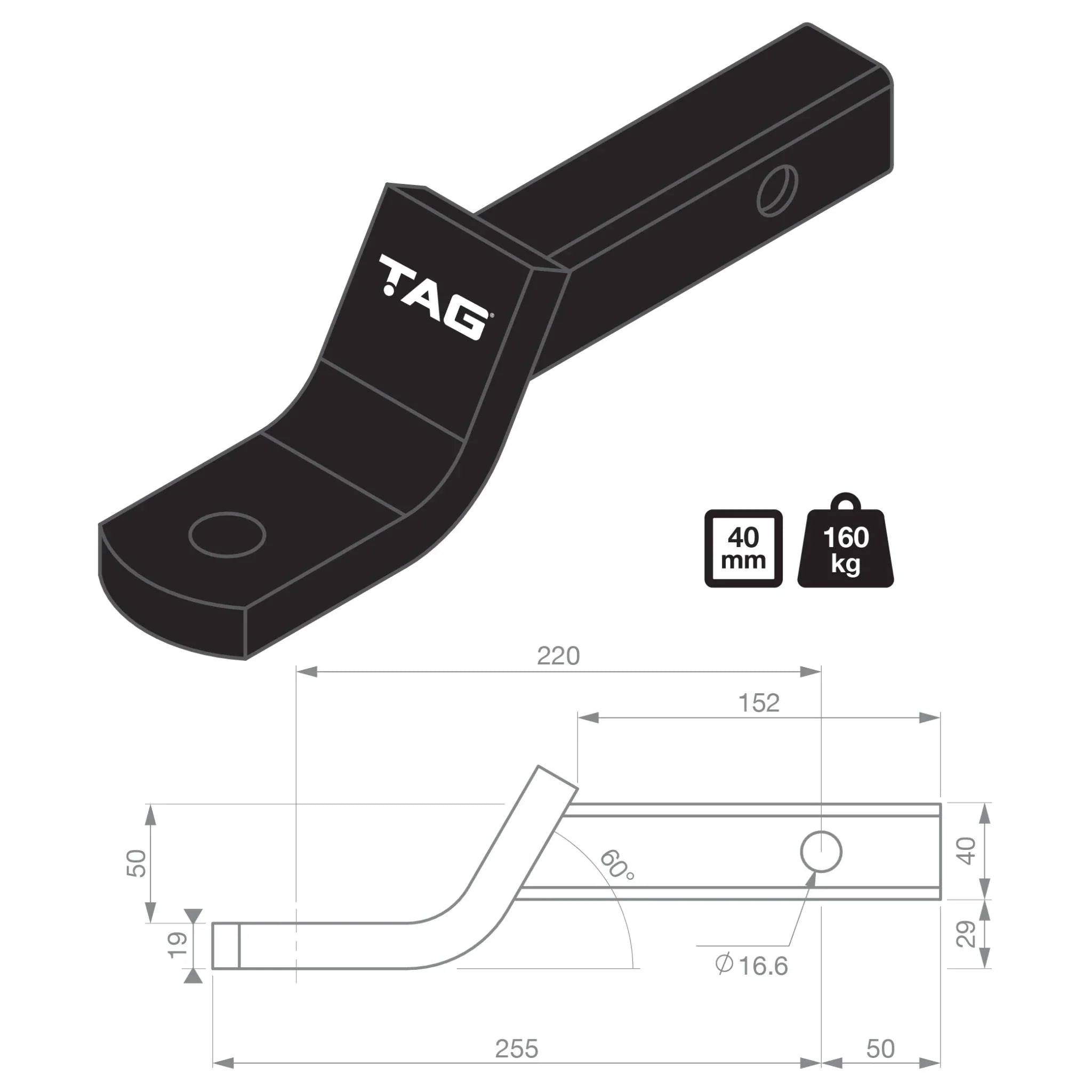 TAG Tow Ball Mount - 220mm Long, 135° Face, 40mm Square Hitch - Brixton 4x4 - Buy Online Now!