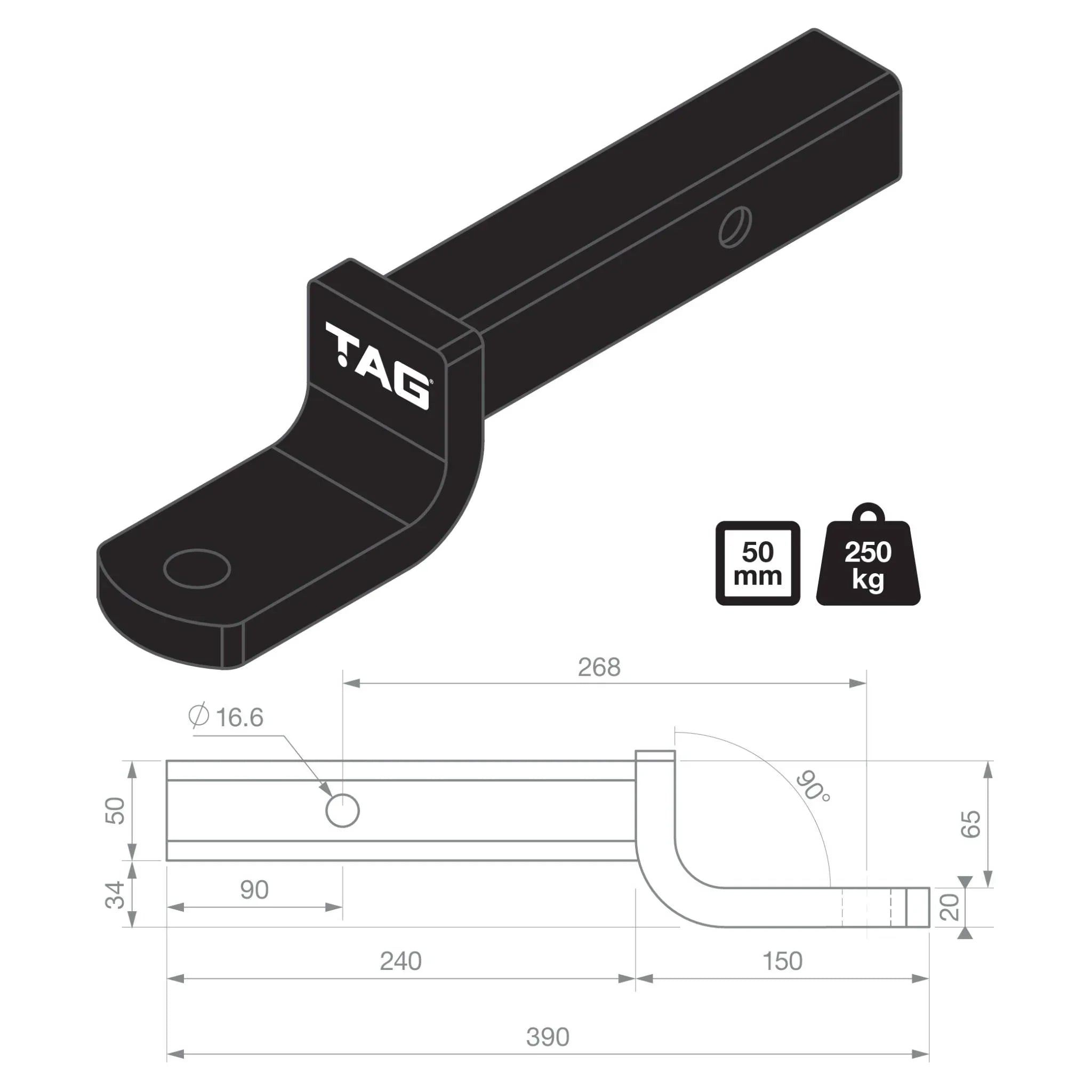 TAG Tow Ball Mount - 268mm Long, 90° Face, 50mm Square Hitch - Brixton 4x4 - Buy Online Now!