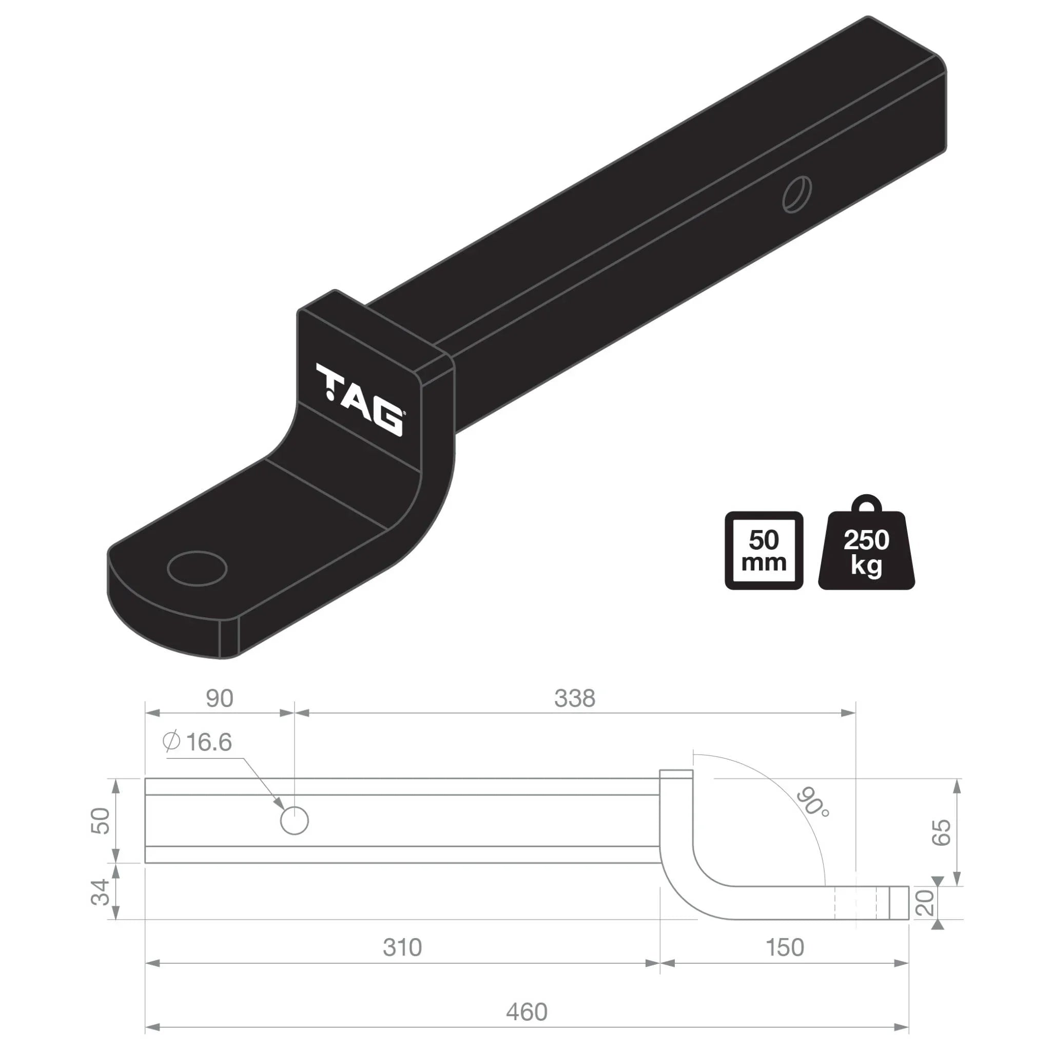 TAG Tow Ball Mount - 338mm Long, 90°Face, 50mm Square Hitch - Brixton 4x4 - Buy Online Now!