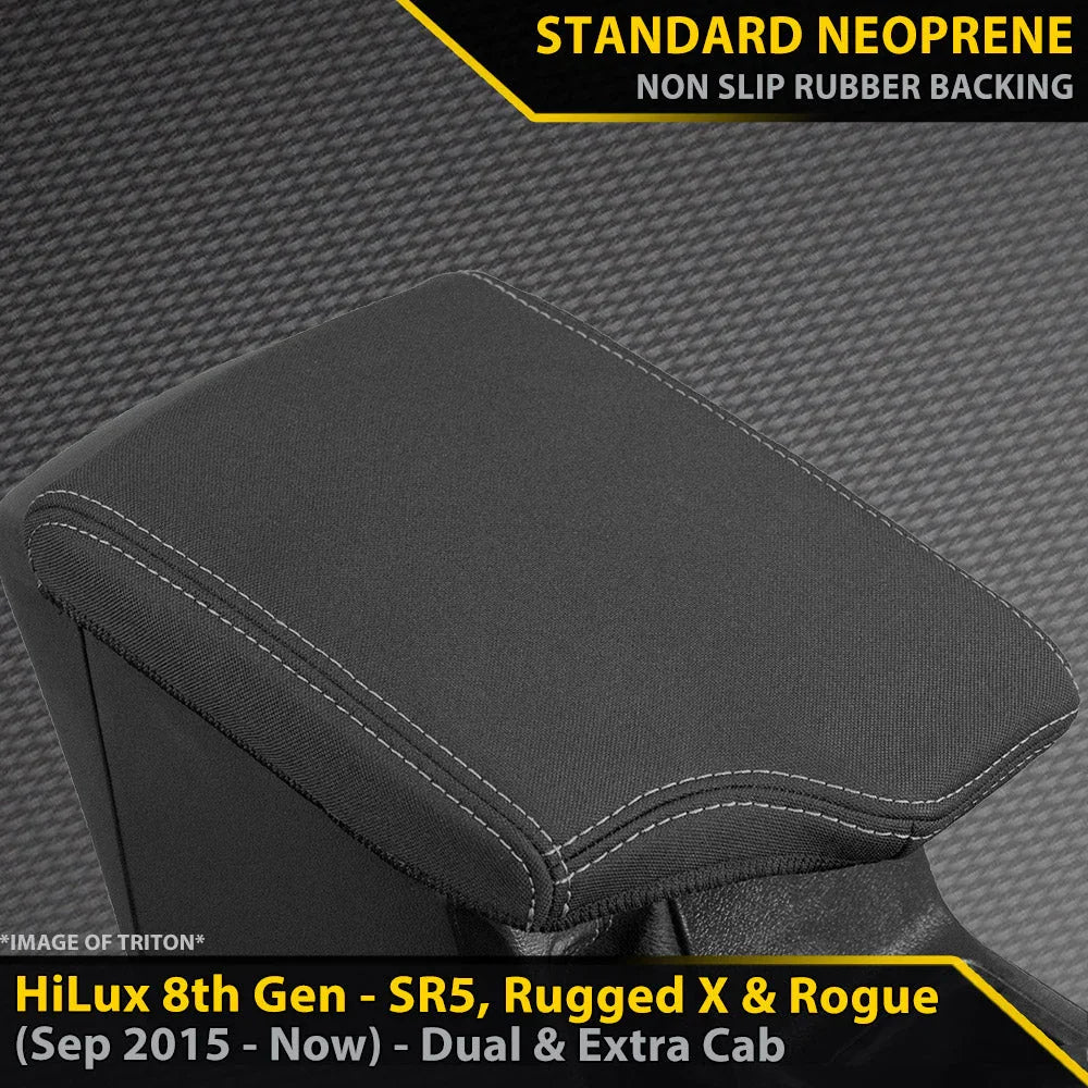 Razorback Seat Covers for Toyota HiLux 8th Gen SR5, Rugged X & Rogue GP4 Standard Neoprene Console Lid Cover (In Stock) - Brixton 4x4 - Buy Online Now!