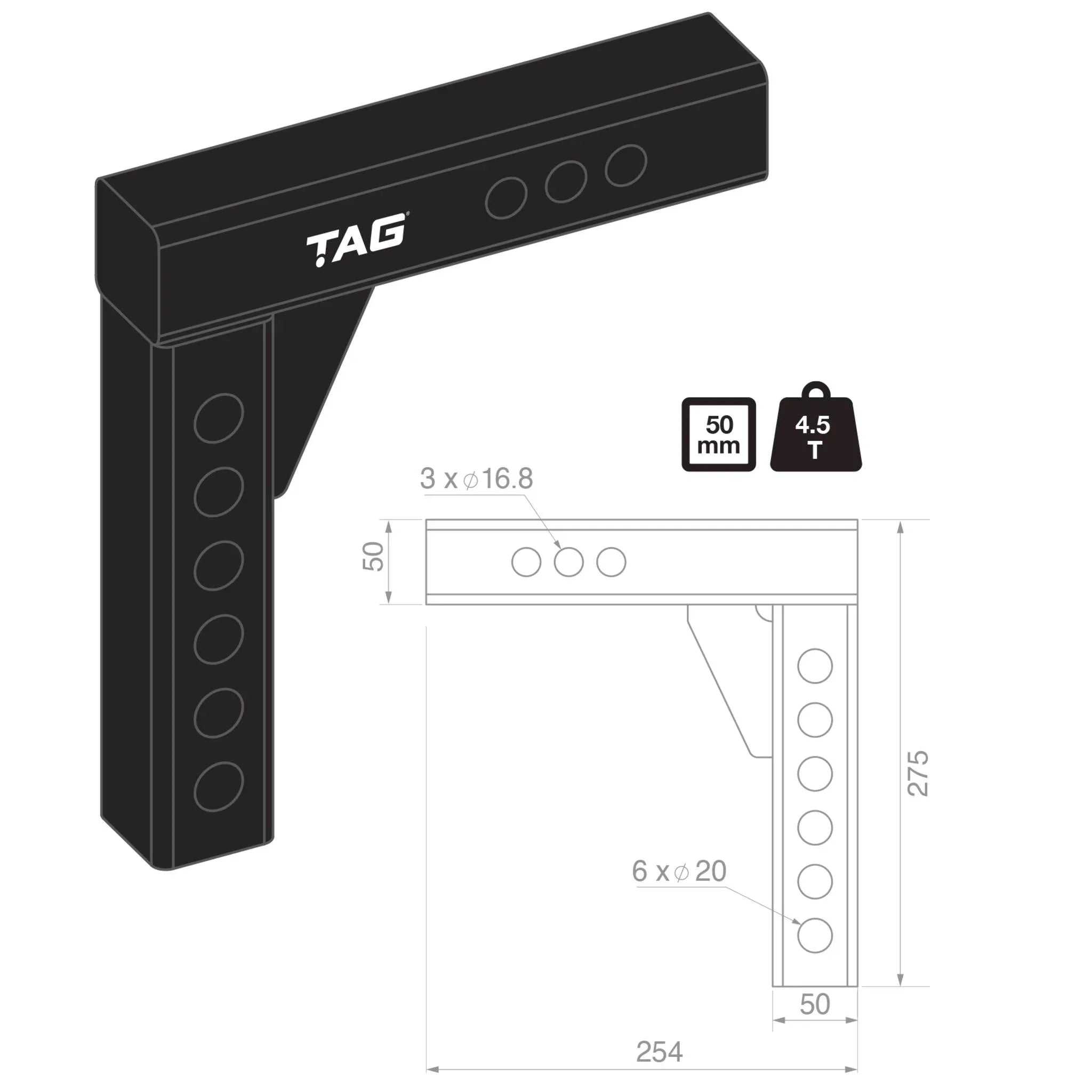 TAG Adjustable Weight Distribution Shank - 50mm Square Hitch, 50mm Drop (4.5T) - Brixton 4x4 - Buy Online Now!