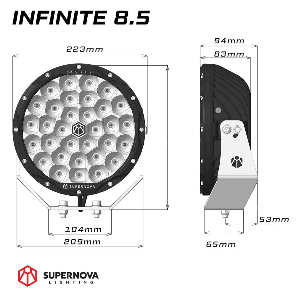 dimensions graph showing the sizing of supernova infinite 8.5 led driving lights