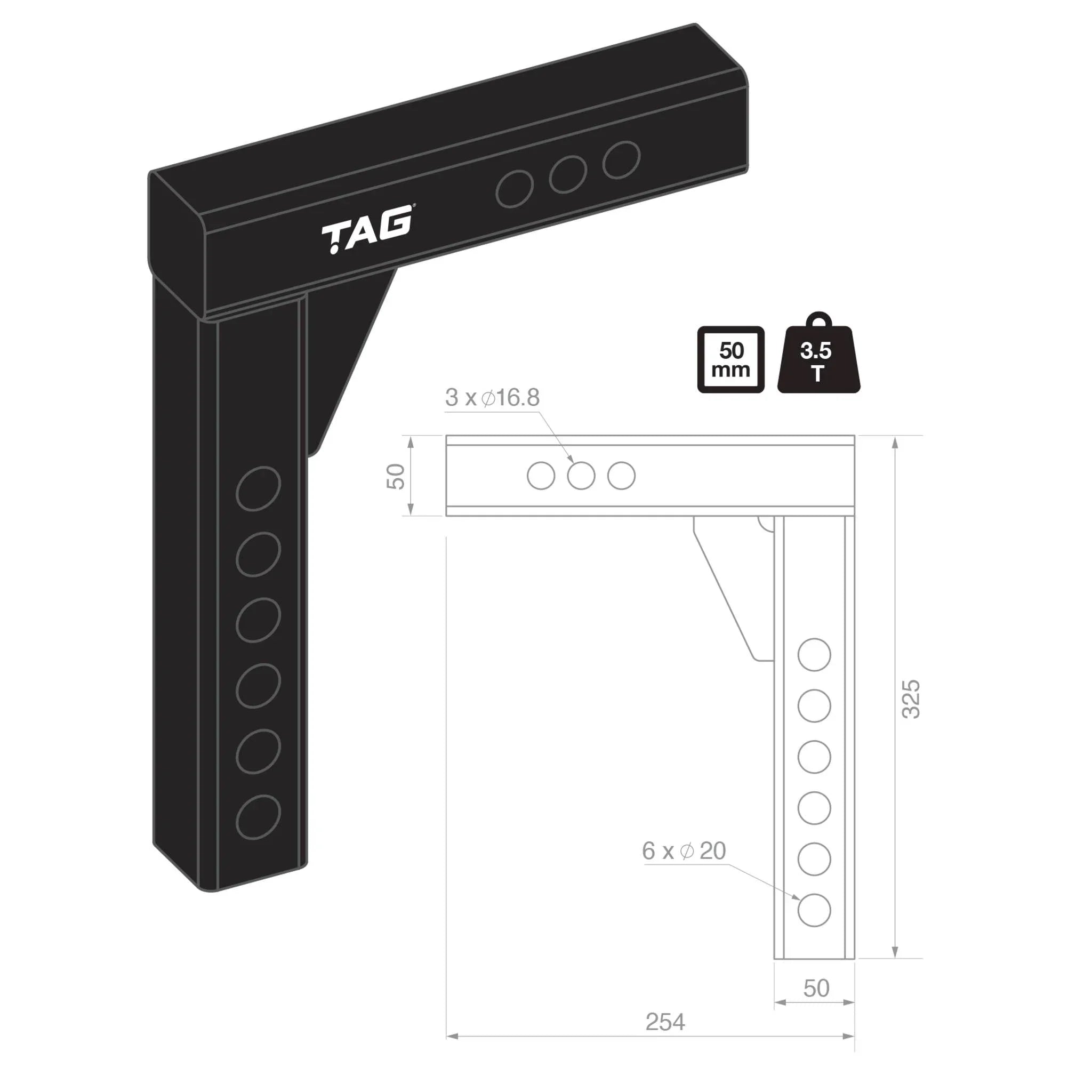 TAG Adjustable Weight Distribution Shank, 50mm Square Hitch, 100mm Drop (3.5T) - Brixton 4x4 - Buy Online Now!