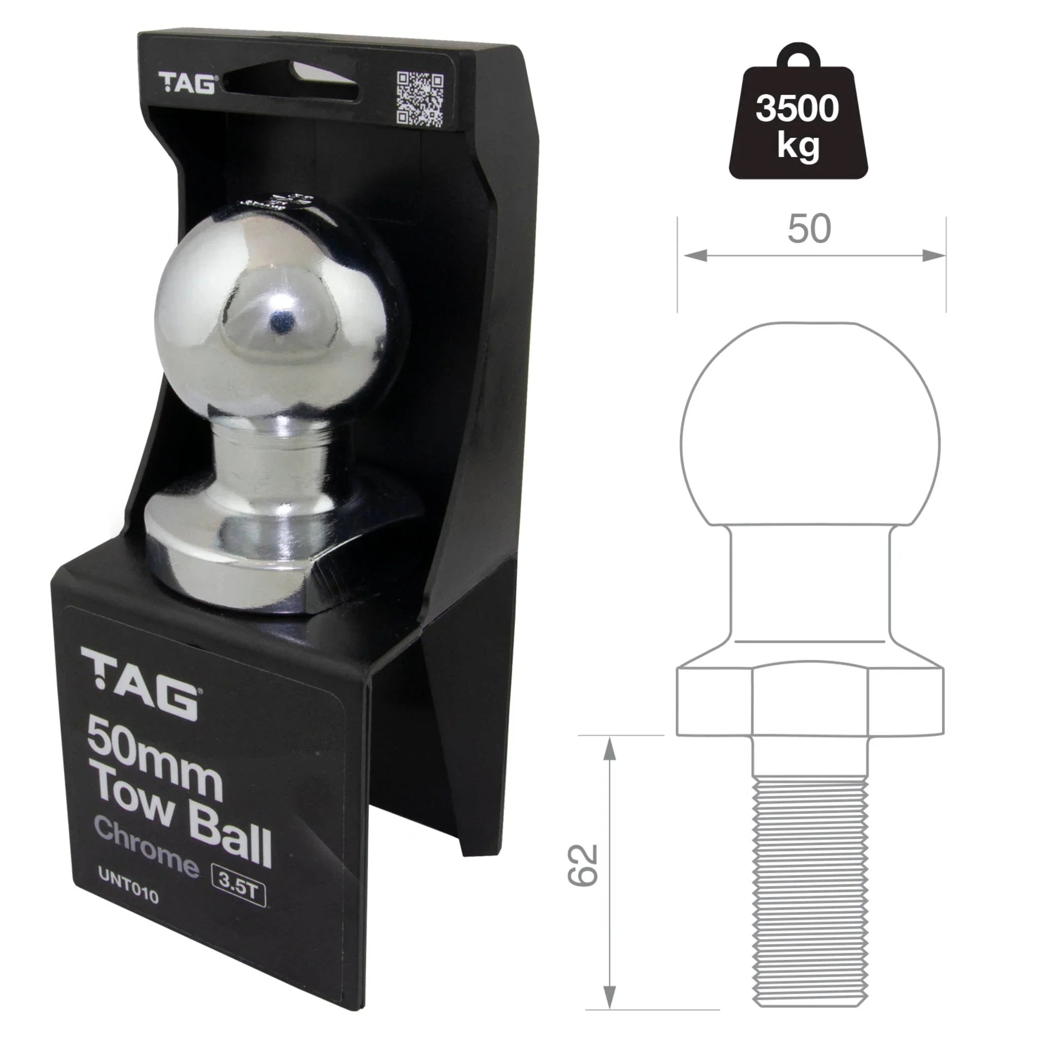TAG Chrome Tow Ball - 50mm, 3.5 tonne - Brixton 4x4 - Buy Online Now!