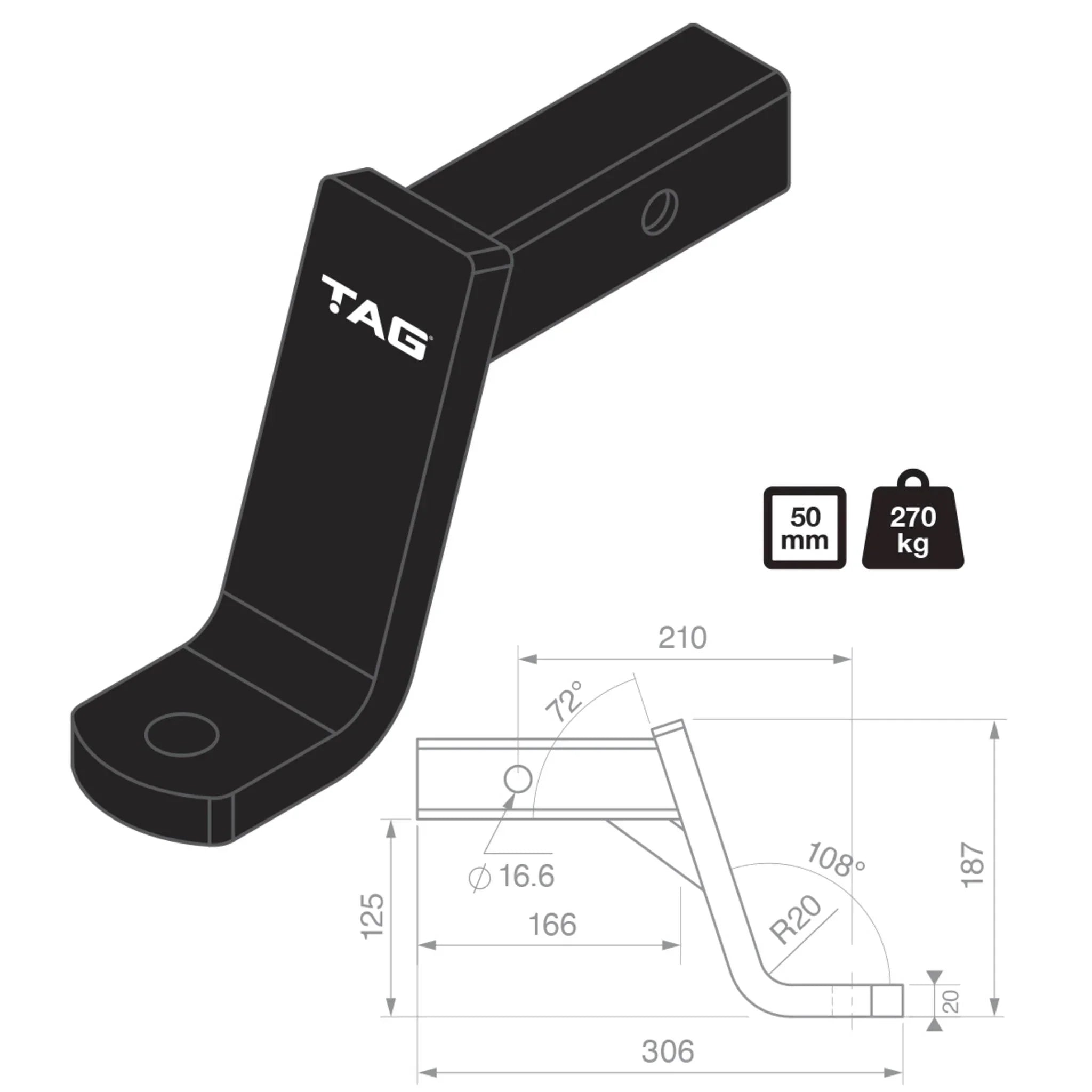 TAG Tow Ball Mount - 210mm Long, 108° Face, 50mm Square Hitch - Brixton 4x4 - Buy Online Now!