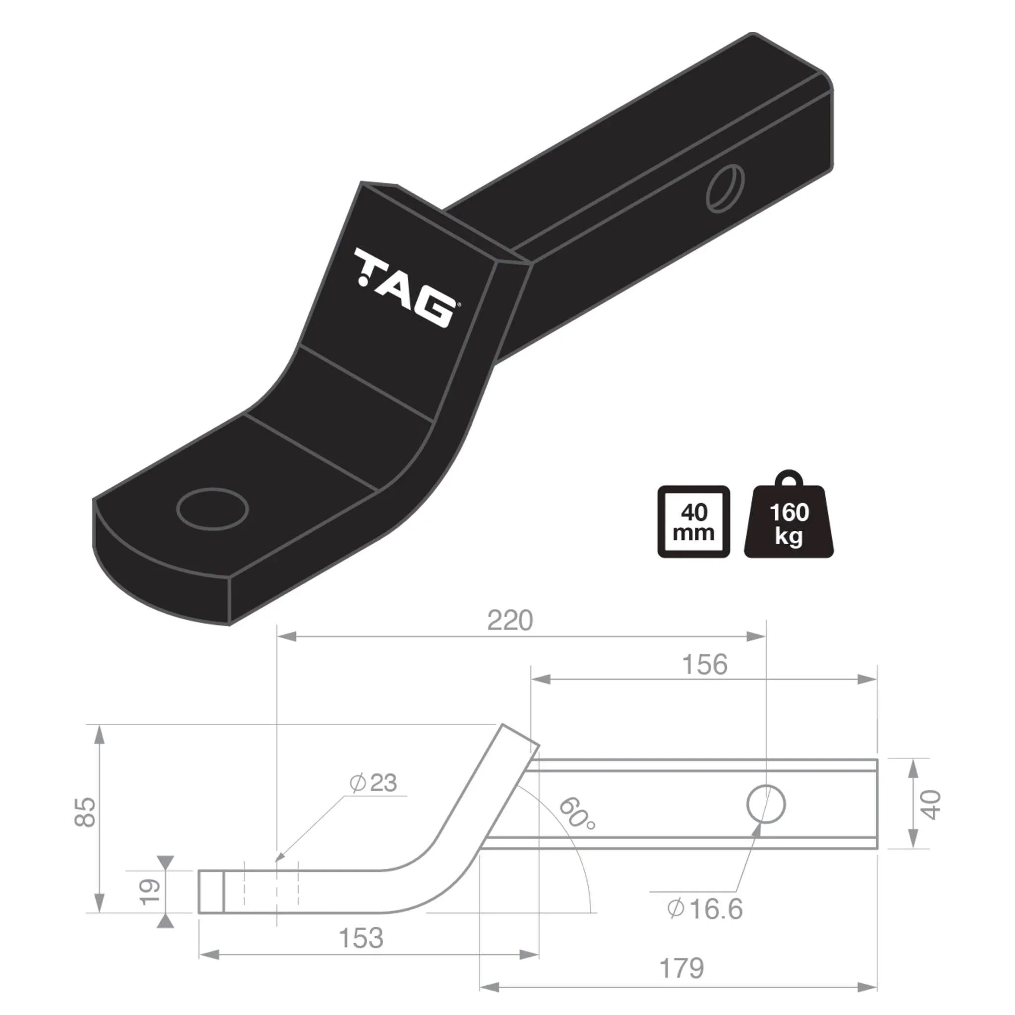 TAG Tow Ball Mount - 220mm Long, 135° Face, 40mm Square Hitch - Brixton 4x4 - Buy Online Now!