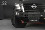 Hamer King Series bull bar on Nissan Patrol Y62, front-on view showing LED lighting