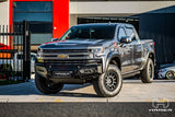 Hamer Atlas Series bull bar on Chevrolet Silverado 1500 LTZ, front-on view showing LED lighting