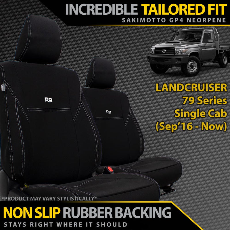 Razorback 4x4 GP4 Standard Neoprene 2x Front Seat Covers suitable for a Toyota Landcruiser 79 Single Cab (Sep 2016+) (Available)