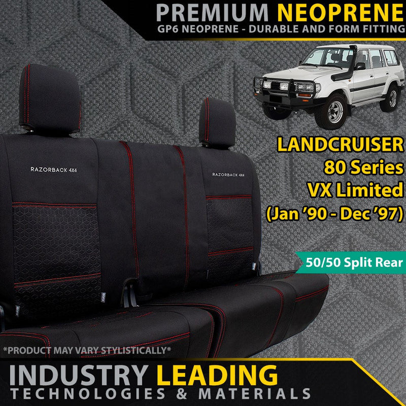 Toyota LandCruiser 80 Series VX Limited GP6 Premium Neoprene 2nd Row 50/50 Split Covers w/Armrest Cover (Made to Order)