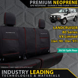 Toyota LandCruiser 80 Series VX Limited GP6 Premium Neoprene 2nd Row 50/50 Split Covers w/Armrest Cover (Made to Order)