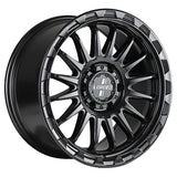 Loaded Creb 1675 multi-spoke 4x4 wheel in Satin Black, angled view