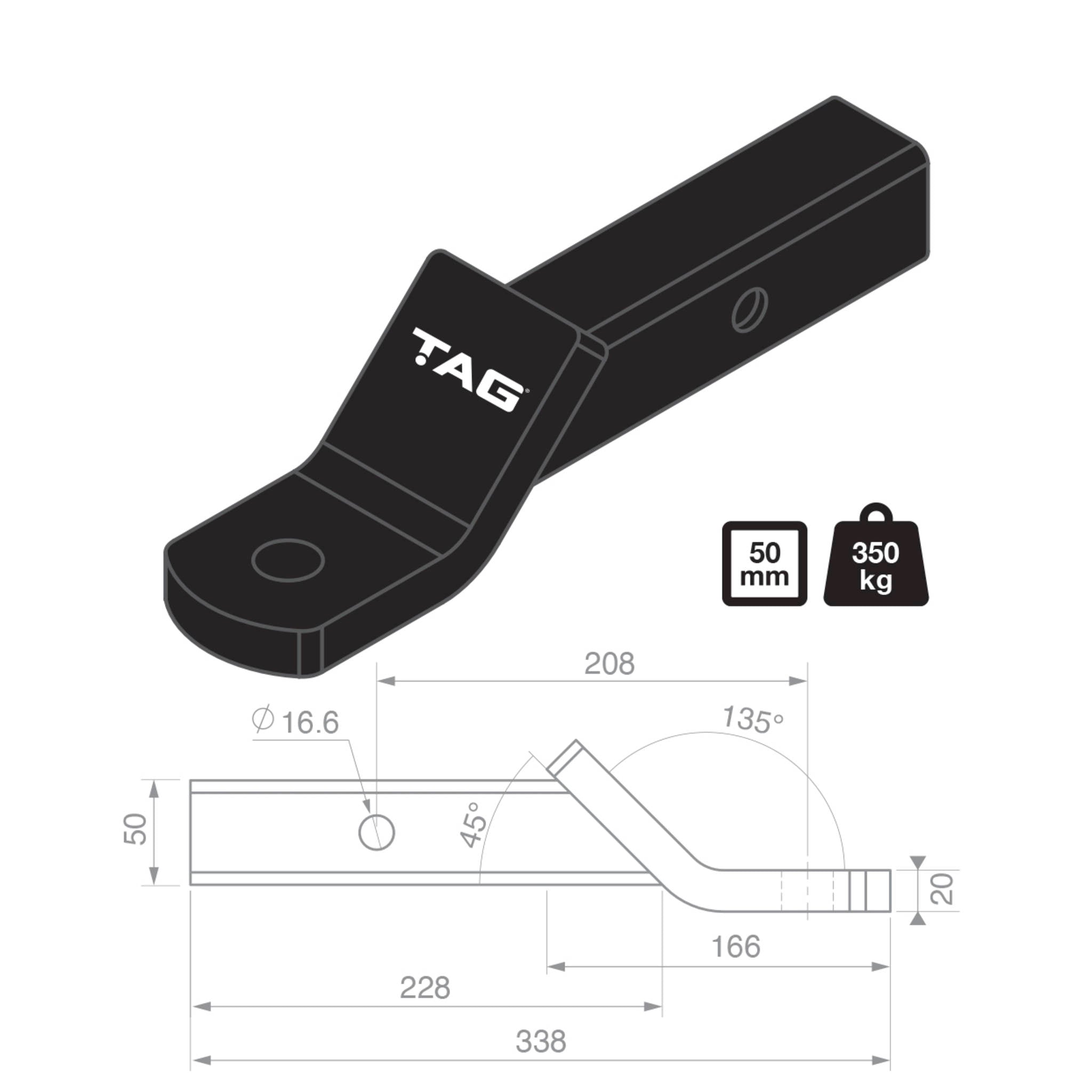 TAG Tow Ball Mount - 208mm Long, 135° Face, 50mm Square Hitch