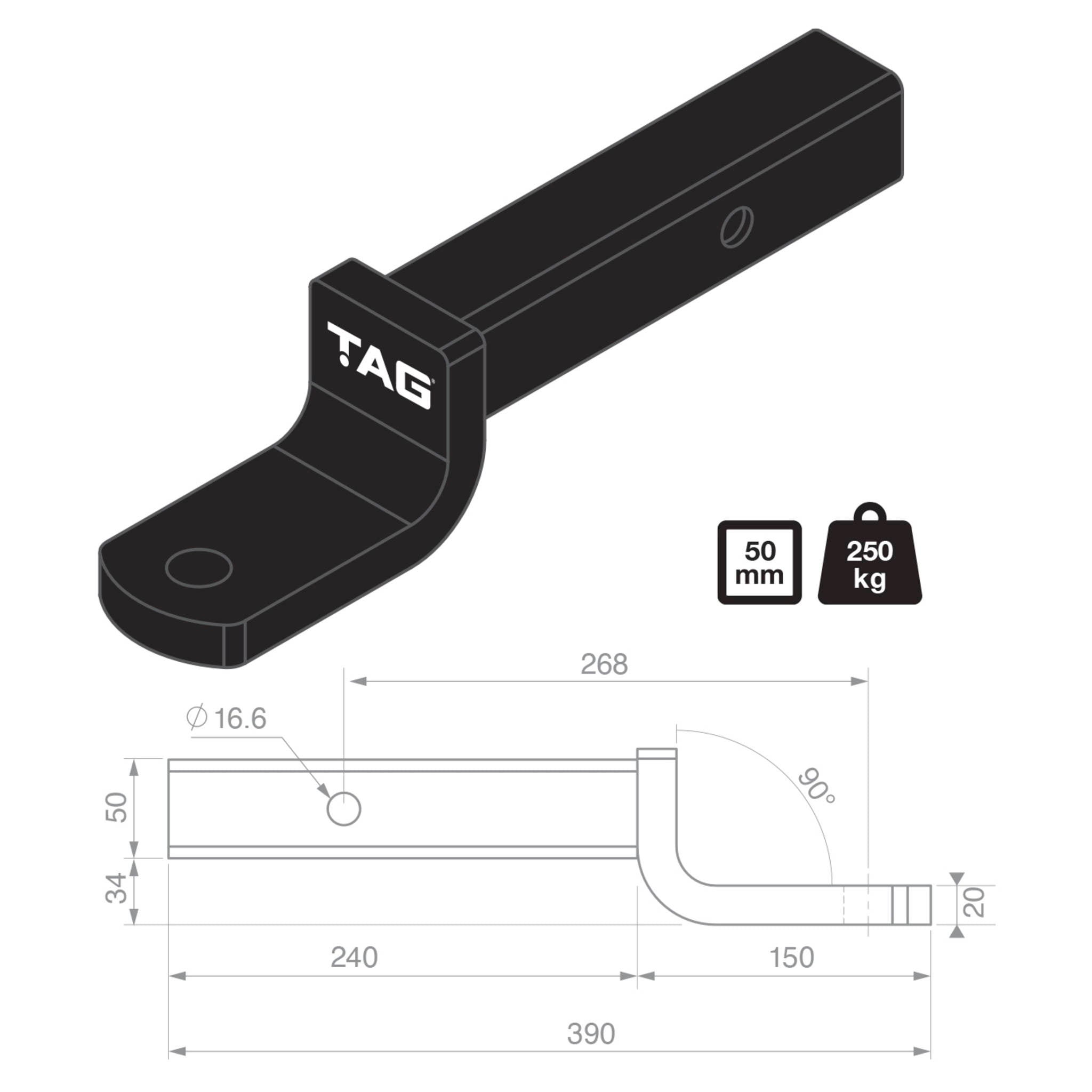 TAG Tow Ball Mount - 268mm Long, 90° Face, 50mm Square Hitch