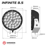 dimensions graph showing the sizing of supernova infinite 8.5 led driving lights