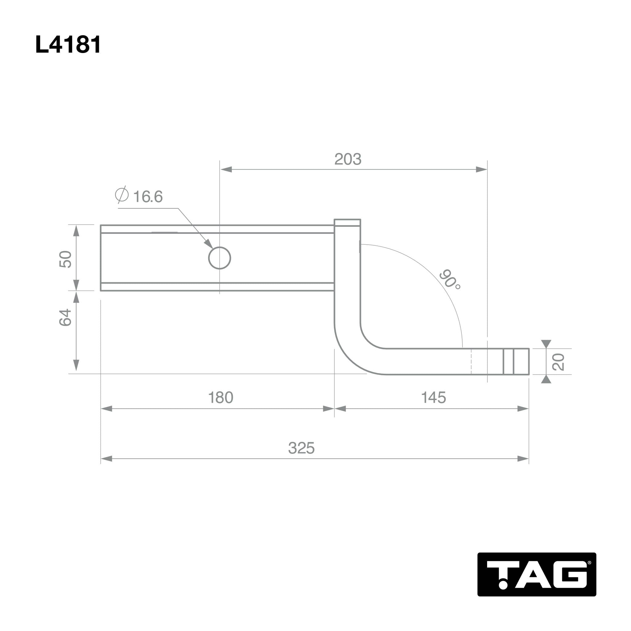 TAG Tow Ball Mount - 203mm Long,  90° Face, 50mm Square Hitch